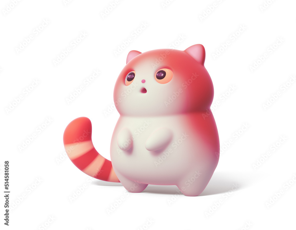Surprised little kawaii red cat with open mouth and big orange eyes stands on its hind legs. Cartoon fluffy funny cute fat cat with white belly and a striped tail. 3d render isolated on white backdrop Surprised little kawaii red cat with open mouth and big orange eyes stands on its hind legs. Cartoon fluffy funny cute fat cat with white belly and a striped tail. 3d render isolated on white backdrop
