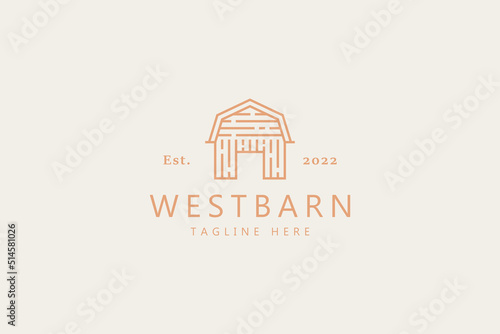 Wooden Barn and Farm Logo Template. Line Style and Minimalist Branding Concept.