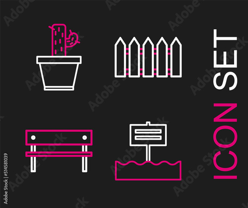 Set line Blank wooden sign board  Bench  Garden fence and Cactus and succulent in pot icon. Vector