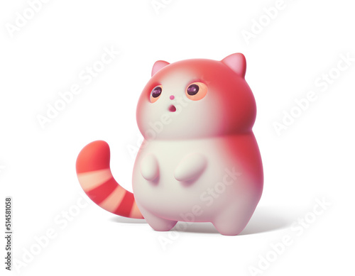 Surprised little kawaii red cat with open mouth and big orange eyes stands on its hind legs. Cartoon fluffy funny cute fat cat with white belly and a striped tail. 3d render isolated on white backdrop