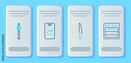 Set line Cutting board, Knife, Honey dipper stick and Oven icon. Vector