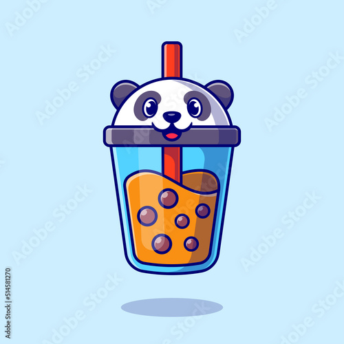 Cute Panda Boba Milk Tea Cartoon Vector Icon Illustration. Animal Drink Icon Concept Isolated Premium Vector. Flat Cartoon Style