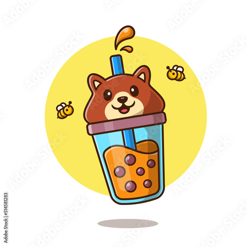 Cute Bear Boba Milk Tea With Bee Cartoon Vector Icon Illustration. Animal Drink Icon Concept Isolated Premium Vector. Flat Cartoon Style