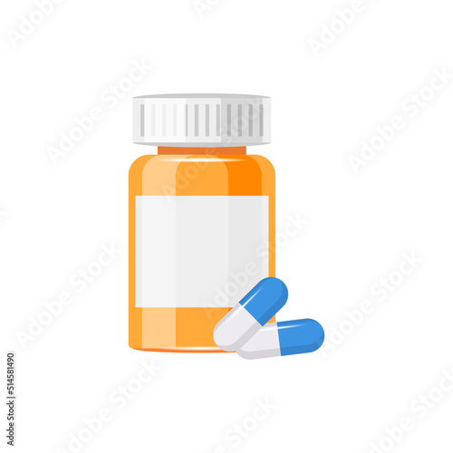 Pill bottle icon in flat style. Medical capsules vector illustration on white isolated background. Pharmacy sign business concept.