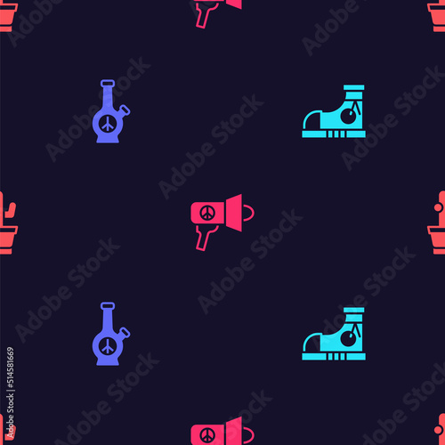 Set Sneakers, Bong, Megaphone and Cactus on seamless pattern. Vector