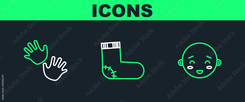 Set line Happy little boy head, Baby hands print and socks clothes icon. Vector Set line Happy little boy head, Baby hands print and socks clothes icon. Vector
