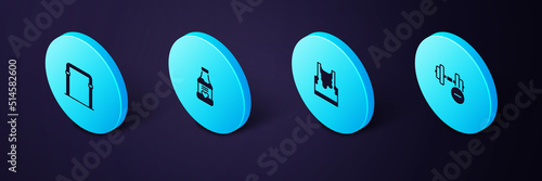 Set Isometric Dumbbell, Sweaty sleeveless t-shirt, Vitamins and Sport horizontal bar icon. Vector