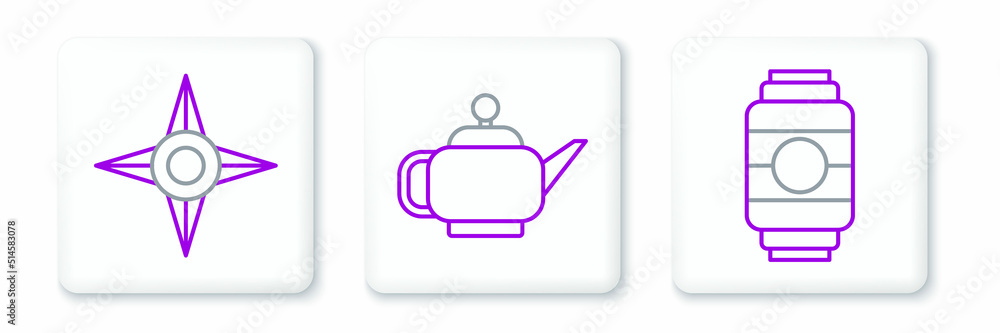 Obraz premium Set line Japanese paper lantern, ninja shuriken and tea ceremony icon. Vector