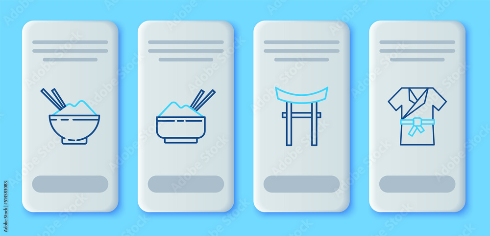 Set line Rice in a bowl with chopstick, Japan Gate, and Japanese costume Kimono icon. Vector Set line Rice in a bowl with chopstick, Japan Gate, and Japanese costume Kimono icon. Vector