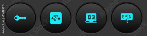 Set Old key, Casino slot machine, Online poker table game and Slot spin button icon. Vector