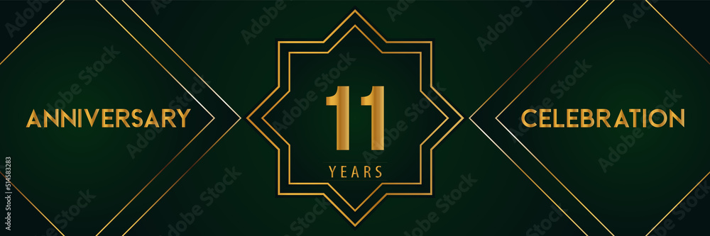 Obraz premium 11 years anniversary celebration with gold number isolated on a dark green background. Premium design for marriage, graduation, birthday, brochure, poster, banner, and ceremony. Anniversary logo.