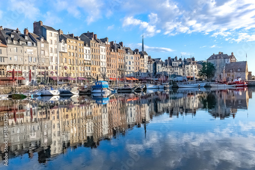 Honfleur  beautiful city in France  the harbor in the morning  reflection on the river 