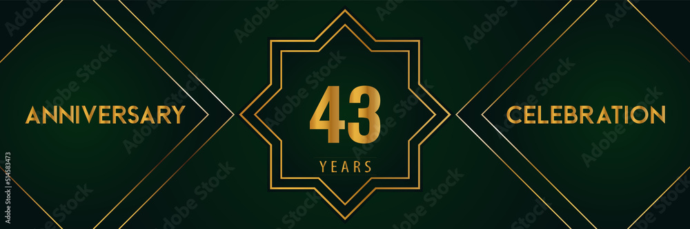 43 years anniversary celebration with gold number isolated on a dark green background. Premium design for marriage, graduation, birthday, brochure, poster, banner, and ceremony. Anniversary logo. 43 years anniversary celebration with gold number isolated on a dark green background. Premium design for marriage, graduation, birthday, brochure, poster, banner, and ceremony. Anniversary logo.