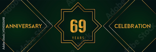 69 years anniversary celebration with gold number isolated on a dark green background. Premium design for marriage, graduation, birthday, brochure, poster, banner, and ceremony. Anniversary logo.