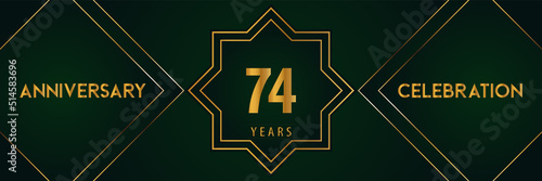 74 years anniversary celebration with gold number isolated on a dark green background. Premium design for marriage, graduation, birthday, brochure, poster, banner, and ceremony. Anniversary logo.