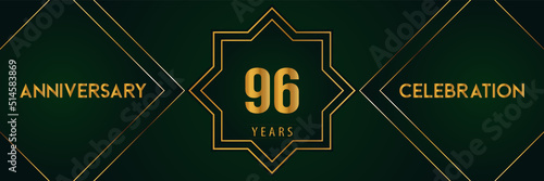 96 years anniversary celebration with gold number isolated on a dark green background. Premium design for marriage, graduation, birthday, brochure, poster, banner, and ceremony. Anniversary logo.