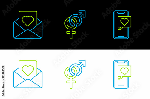 Set line Smartphone with heart speech bubble, Envelope and Gender icon. Vector