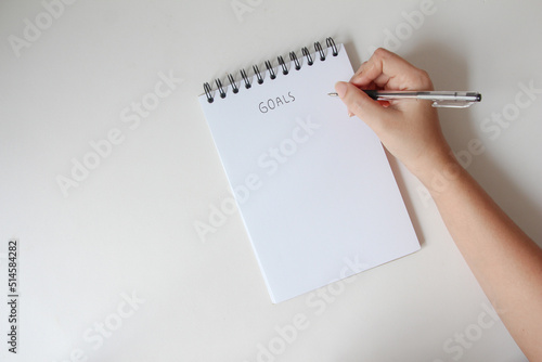 Write Text goals on notebook with pen on office desk. top view, copy space