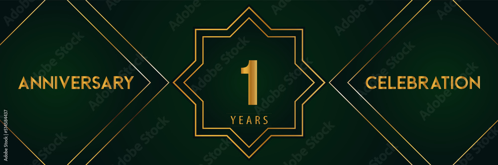 Obraz premium 1 years anniversary celebration with gold number isolated on a dark green background. Premium design for marriage, graduation, birthday, brochure, poster, banner, and ceremony. Anniversary logo.