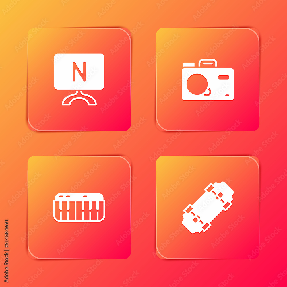 Set Smart Tv, Photo camera, Music synthesizer and Skateboard icon. Vector Set Smart Tv, Photo camera, Music synthesizer and Skateboard icon. Vector