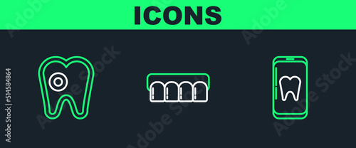 Set line Online dental care, Tooth with caries and Dentures model icon. Vector