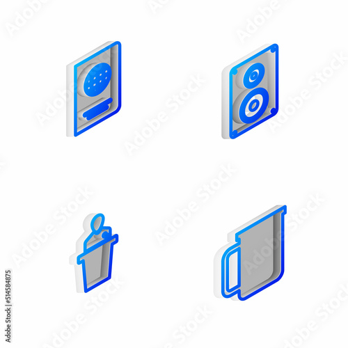Set Isometric line Stereo speaker, Passport, Speaker and Coffee cup icon. Vector