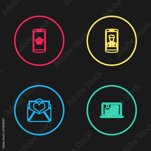 Set line Envelope with Valentine heart, Laptop resume, Smartphone contact and Shopping basket mobile icon. Vector