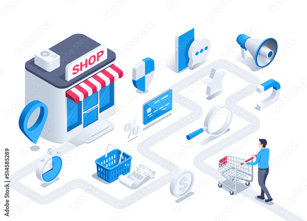 isometric vector illustration on a white background, a man with a shopping cart walks along the path to the store through the icons, the journey of the customer to make a purchase isometric vector illustration on a white background, a man with a shopping cart walks along the path to the store through the icons, the journey of the customer to make a purchase