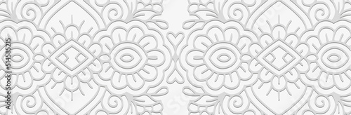 Trendy banner, floral cover design. Embossed ethnic 3D pattern on a white background. Tribal tracery ornaments of East, Asia, India, Mexico, Aztecs, Peru for brochure, booklet, flyer, website.