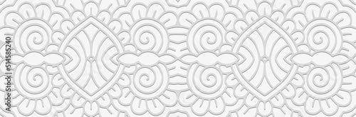 Artistic banner, floral cover design. Embossed ethnic 3D pattern on a white background. Tribal tracery ornaments of East, Asia, India, Mexico, Aztecs, Peru for brochure, booklet, flyer, website.