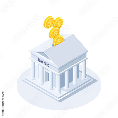 isometric vector illustration on a white background, bank building and golden coins falling like in a piggy bank with a dollar icon, financial savings or deposit