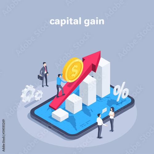 isometric vector illustration on a gray background, a man in business clothes rolls a gold coin in an up arrow, a growing chart on a tablet screen, capital gains