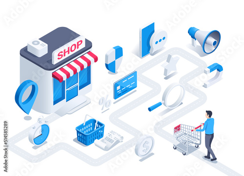 isometric vector illustration on a white background, a man with a shopping cart walks along the path to the store through the icons, the journey of the customer to make a purchase
