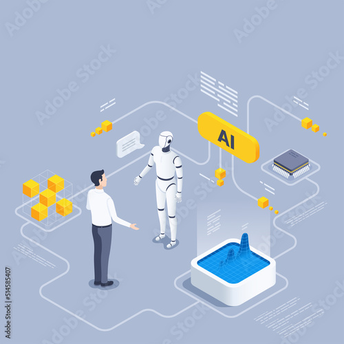 isometric vector illustration on a gray background, a man in business clothes talking to a robot using artificial intelligence, working with virtual data
