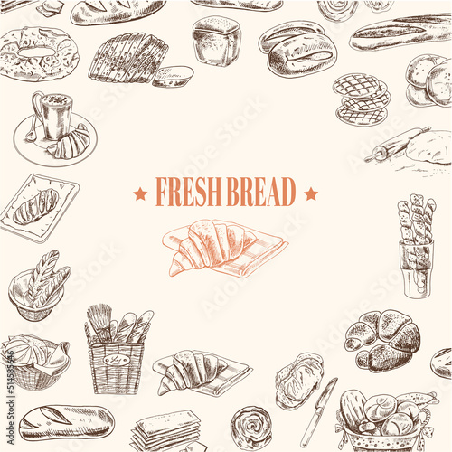 Bakery banner fresh bread basket of buns hand drawn vector illustration