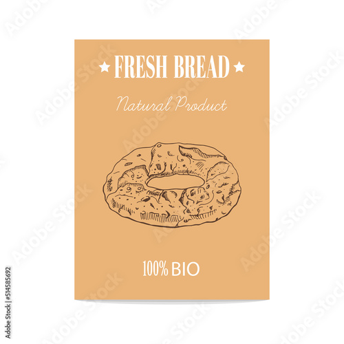 Vector hand drawn sketch kalach, pretzel poster. Bread illustration.  Icons and elements for print, labels, packaging.