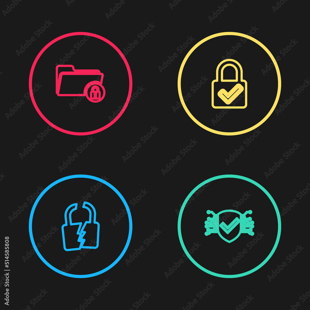 Set line Broken or cracked lock, Cyber security, Lock and check mark and Folder icon. Vector Set line Broken or cracked lock, Cyber security, Lock and check mark and Folder icon. Vector