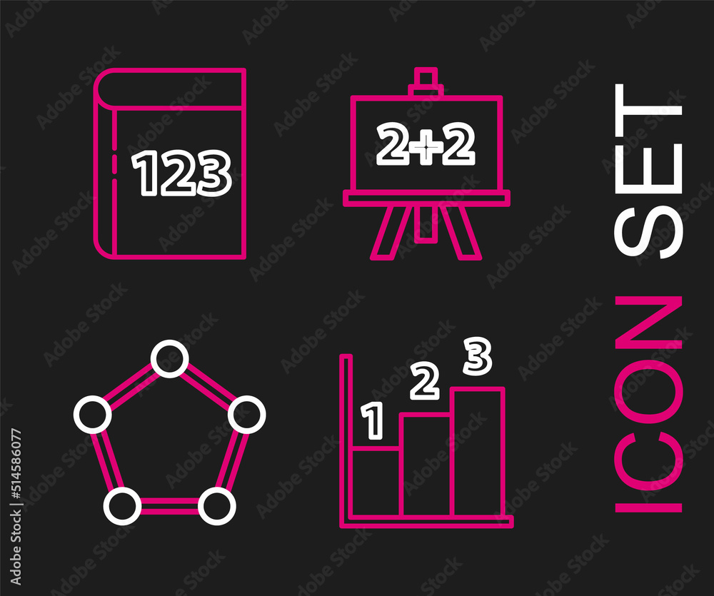 Set line Graph, schedule, chart, diagram, Geometric figure Pentagonal prism, Chalkboard and Book with word mathematics icon. Vector Set line Graph, schedule, chart, diagram, Geometric figure Pentagonal prism, Chalkboard and Book with word mathematics icon. Vector