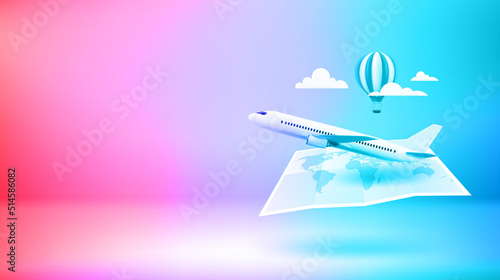 Air travel concept with world map. Vector 3d banner with copy space