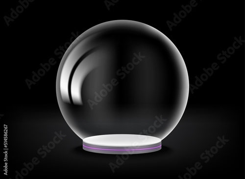 Empty black showcase with transparent glass sphere. 3d vector presentation mockup
