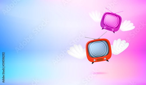 Flying tv with the wings above the stage. 3d vector banner with copy space