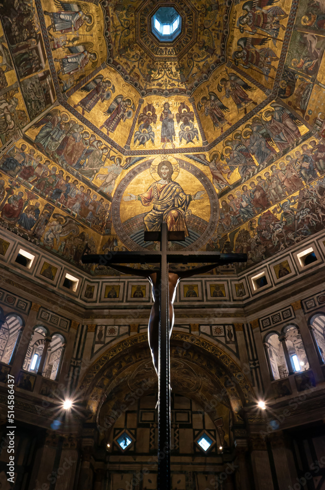 Fototapeta premium Crucifixion Of Jesus Christ in Baptistery of Saint John (Battistero di San Giovanni) of Florence. Ceiling paintings of Jesus Christ. 
