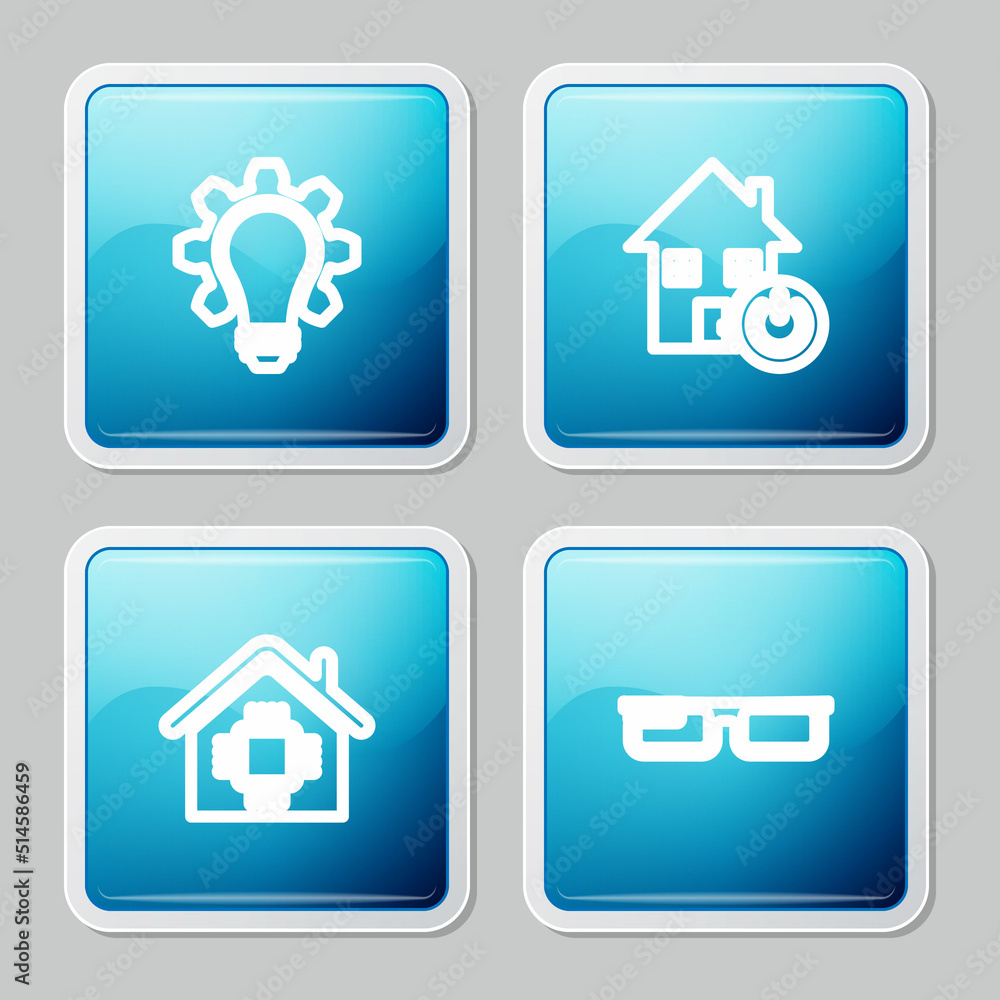Set line Light bulb and gear, Smart home, and glasses icon. Vector Set line Light bulb and gear, Smart home, and glasses icon. Vector