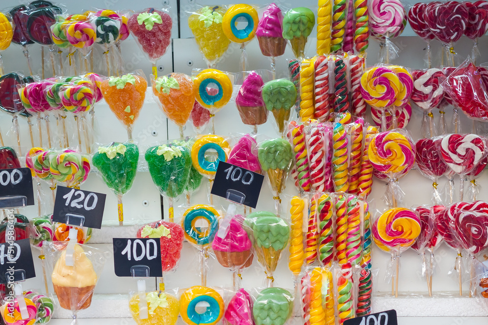Colorful lollipops on the counter in the city of Kazan in Russia. Sweet treat on the market