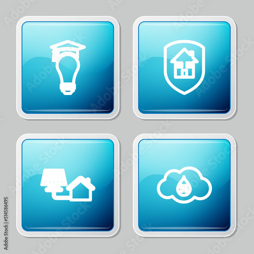 Set line Light bulb and graduation cap, House under protection, with solar panel and Humidity icon. Vector