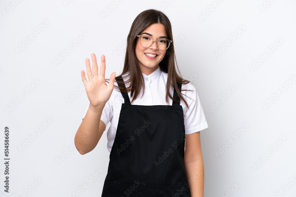 Restaurant Brazilian waiter woman isolated on white background counting five with fingers Restaurant Brazilian waiter woman isolated on white background counting five with fingers