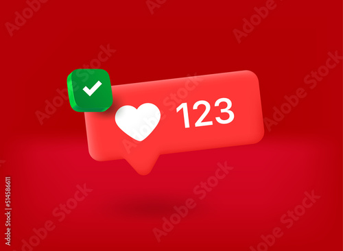 Speech cloud with heart icon with checkmark pictogram. 3d vector illustration