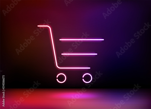 Neon glowing shopping cart icon. 3d vector illustration