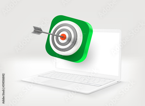 White modern laptop with target icon. 3d vector illustration