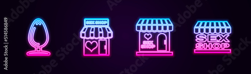 Set line Anal plug, Sex shop building, and . Glowing neon icon. Vector